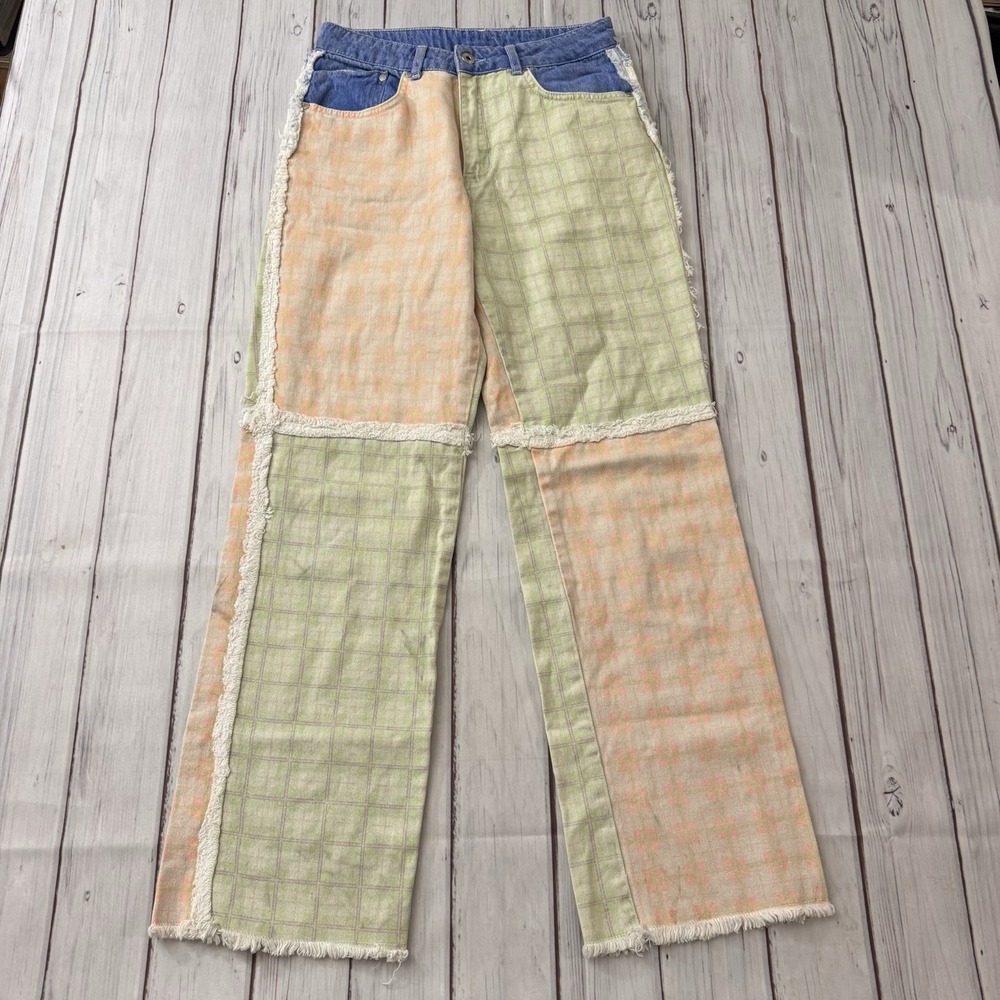 Ragged Jeans Patchwork Wide Leg Pants Plaid Raw Hem Colorblock‎ Size 28 Women